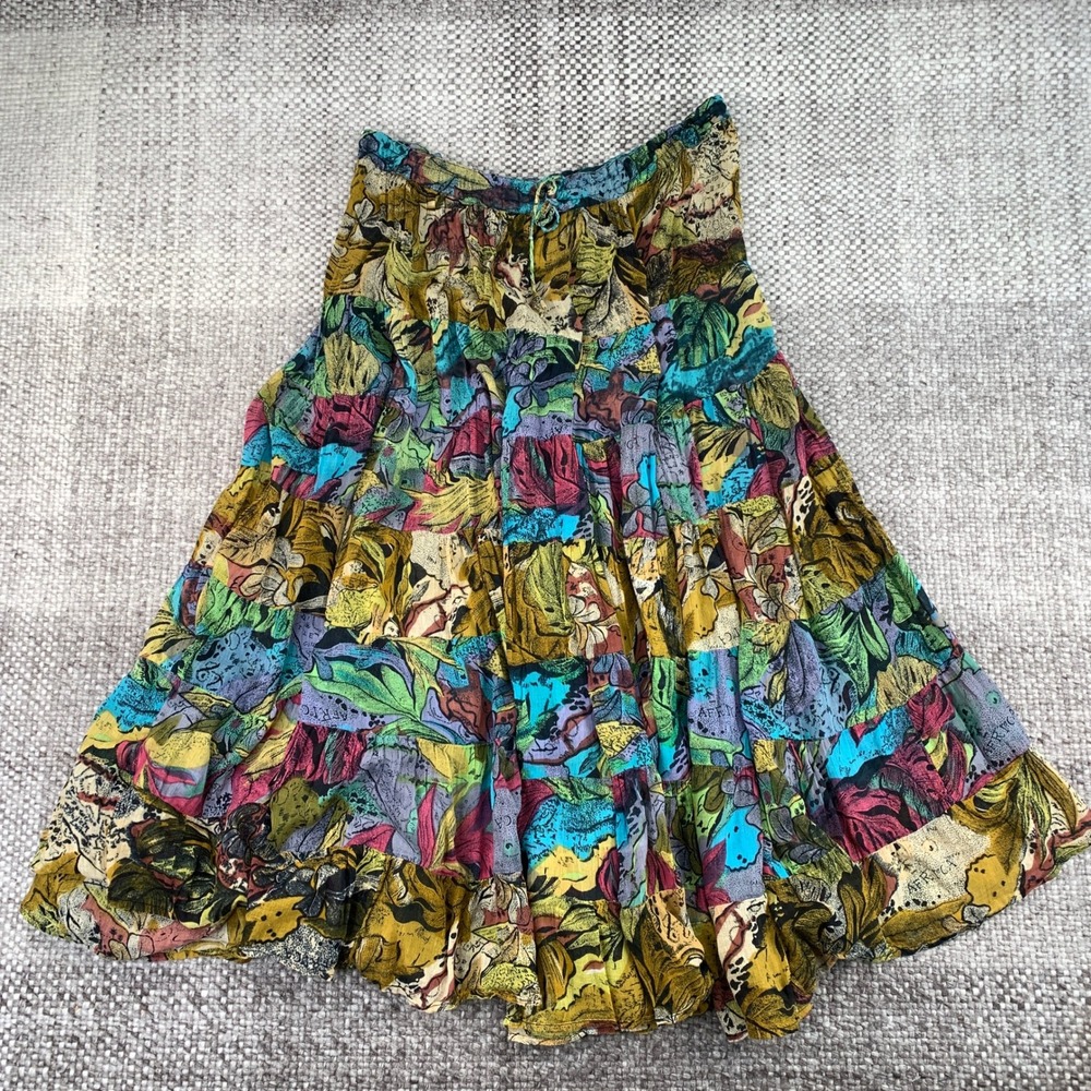 Vintage Africa Print Tiered Cotton Maxi Skirt Boho Patchwork Multi Color Large